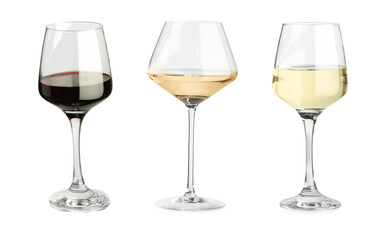 Tasty white, rose and red wines in glasses isolated on white