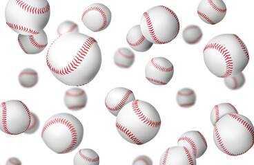Many baseball balls falling on white background
