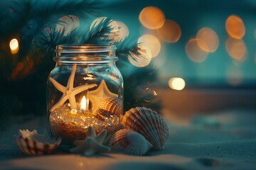 Glass Jar Filled With Candle and Seashells