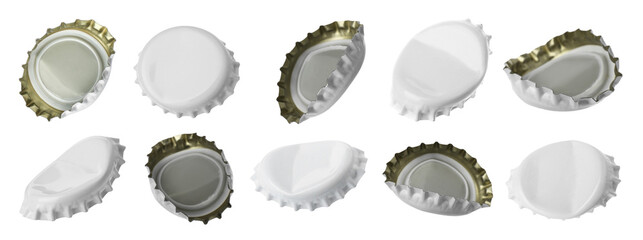 Beer bottle caps isolated on white, set