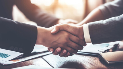 Hands clasped in a firm handshake over a stack of financial documents, signifying a successful agreement