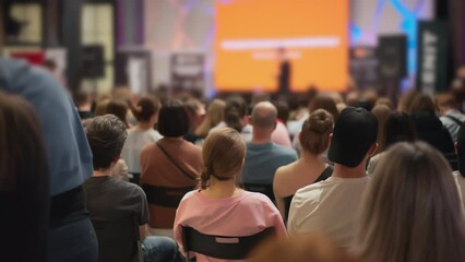 Young attendees absorb information at a technology talk, presenter with visual aids not in focus. An event of youthful innovation seekers. Suitable for content on tech startups and innovation