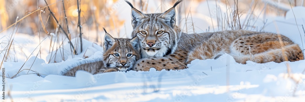 Poster male lynx and cub portrait with empty space on left for text, object on right side