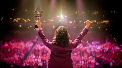 A woman holding a trophy aloft on a stage, basking in applause from an audience in a celebratory event.