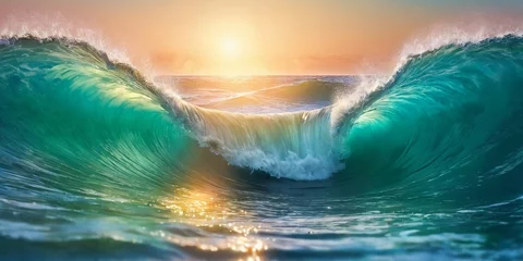 Fotobehang Surf wave in the ocean at sunset time. © freeman83