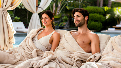 A smiling young couple relaxing with luxury in a tropical resort spa, wrapped in towels by the poolside.