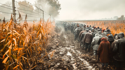 A large group of refugees walking through a muddy field on a foggy day, depicting migration and the struggle for a better life. - obrazy, fototapety, plakaty