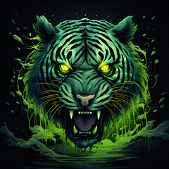 Tiger that exudes an otherworldly and vigorous presence, eyes glow a bright, piercing green, mastery of digital brushwork, Neon Predator, Tiger's Vigil. Generative AI