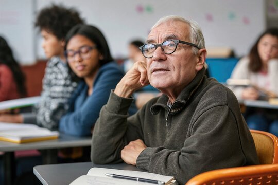 Senior man participating in lifelong learning class. Elderly student engages in education among younger classmates  - Powered by Adobe