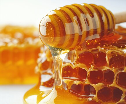 A honeycomb with a honey drizzle on top. The honeycomb is made of wax and has a honeycomb pattern