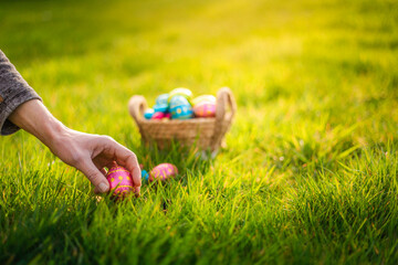 Easter eggs in basket in grass. Easter egg hunt, adult hand placing eggs in grass for hiding for...
