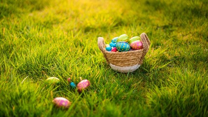 Easter eggs in basket in grass. Colorful decorated easter eggs in wicker basket. Traditional egg...