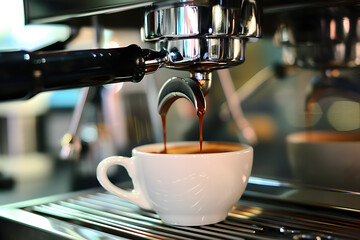 A modern coffee machine in action, brewing a fresh cup of coffee, showcasing the process of coffee-making and the aroma of freshly brewed coffee.