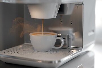 A modern coffee machine in action, brewing a fresh cup of coffee, showcasing the process of coffee-making and the aroma of freshly brewed coffee. - obrazy, fototapety, plakaty