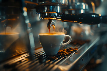 A modern coffee machine in action, brewing a fresh cup of coffee, showcasing the process of coffee-making and the aroma of freshly brewed coffee. - obrazy, fototapety, plakaty