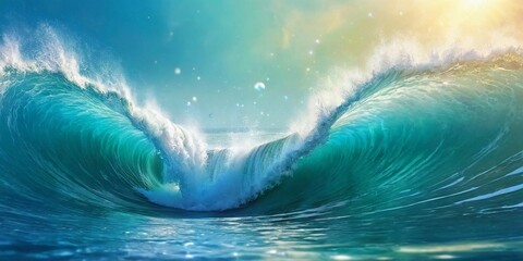 Blue ocean wave breaking on the surface of the water. - obrazy, fototapety, plakaty