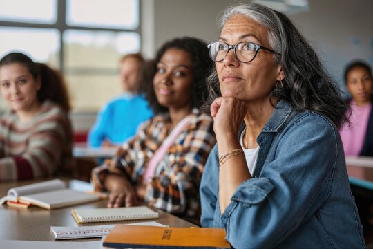 Senior woman participating in lifelong learning class. Elderly student engages in education among younger classmates 