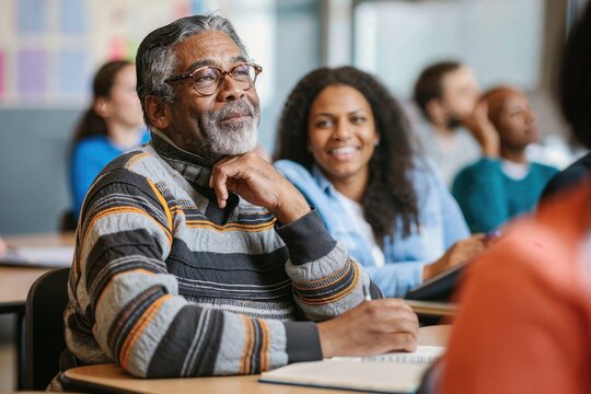 Senior man participating in lifelong learning class. Elderly student engages in education among younger classmates 