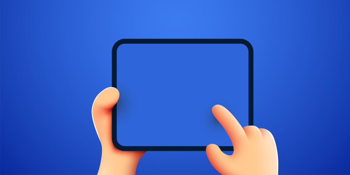 3d Hand holding ipad or tablet pc. Ipad mockup. Editable template. Touching screen with finger.