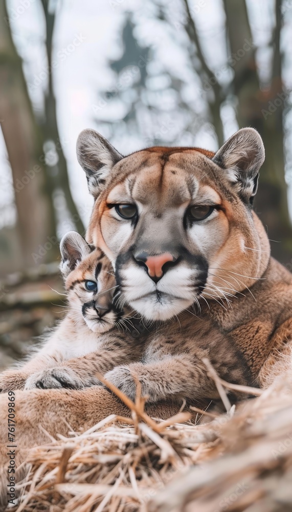 Poster male puma and cub portrait with ample empty space on the left for customizable text