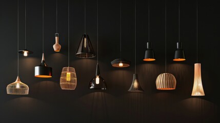 Hanging lamp collection for the beautiful home interior on black background . Generative AI