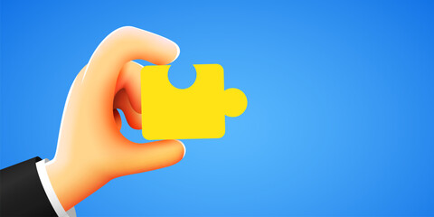 Hand hold jigsaw puzzle piece. The concept of cooperation. Modern 3D style.
