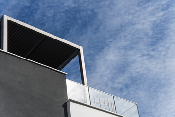 Fototapeta premium Contemporary luxury home exterior showcasing clean lines, a mix of materials
