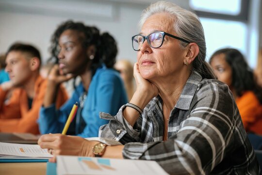 Senior woman participating in lifelong learning class. Elderly student engages in education among younger classmates 