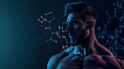 Unleash your strength with our closeup featuring a muscular man and the structural formula of testosterone on a striking black background