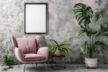 pink armchair near grey wall and empty poster frame with copy space.