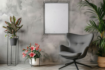 grey armchair near grey wall and empty poster frame with copy space.