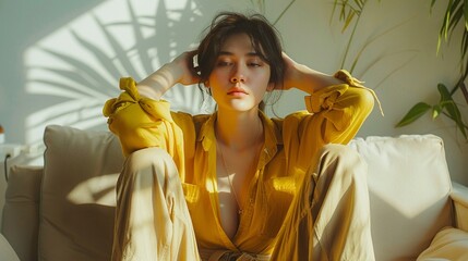 Young woman wearing mustard yellow shirt, seated on beige sofa, face covered, capturing a private moment of emotion, serene and minimalist aesthetic, warm color palette, focused on introspection and s