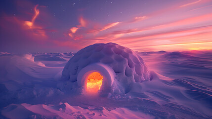 Twilight's Serenade: The Awe-inspiring Resilience of an Igloo amidst a Snow Covered Landscape - obrazy, fototapety, plakaty
