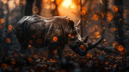 Illustration of a rhino on a dark sunset background, dark forest panorama. AI generated