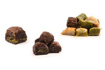 Turkish chocolate baklava isolated on white background.
