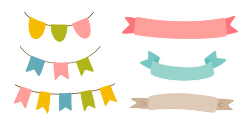Set of decorative party string garland. Celebrate hanging colored flags, ribbons for baby products, fabrics, packaging, covers, invitation. Vector stock illustration