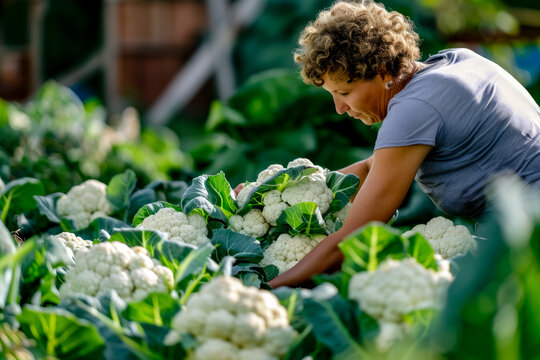 Woman is picking cauliflower from bed of broccoli.