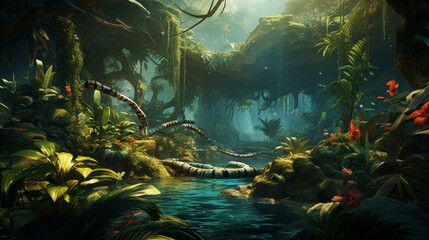 Jungle Scene With Stream Painting