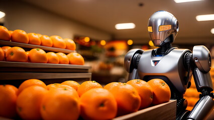 Humanoid robot made of metal works in a fruit store - obrazy, fototapety, plakaty