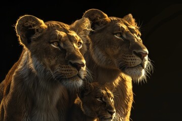 The lion family on a black background