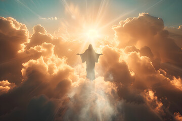 The image depicts the resurrected Jesus Christ ascending to heaven, representing the concept of the Second Coming and the belief in salvation and eternity. - obrazy, fototapety, plakaty