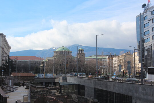 View of the Sofia Archaeological Complex, St. Nedelya Church and the foothills of Vitosha Mountain.
Sofia Bulgaria
