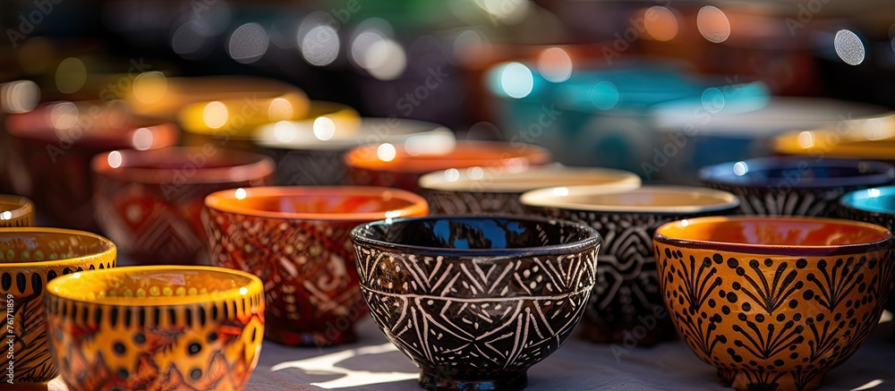 Poster a display of vibrant serveware bowls adorning a table, creating a stunning still life photography co