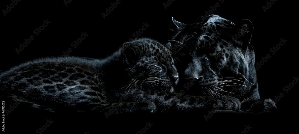 Poster male panther and cub portrait with space for text, object on right side, ideal for adding text