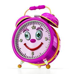 3d lustiger Kinder Wecker in Pink und Gold mit lustigen Gesicht und großer Klingel, auf transparenten Hintergrund, freigestellt