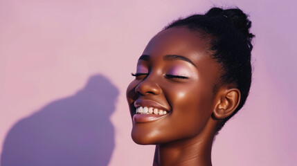 Beauty, skincare and face of black woman with smile glowing skin and natural spa makeup in studio