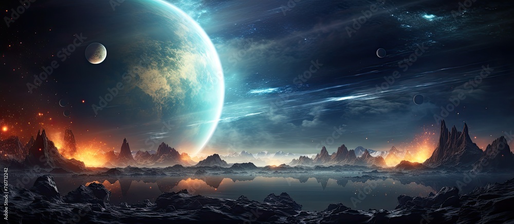 Poster a vast planet dominates the center of the image, surrounded by a cloudy atmosphere and reflecting of