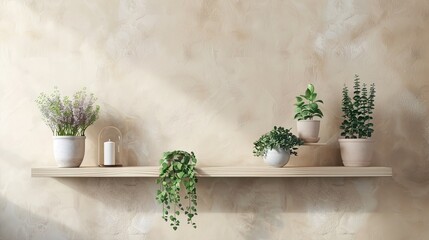 Transform your space with our image of a shelf adorned with potted plants against a soothing beige wall, offering a trendy home interior