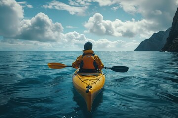 An adventurous soul kayaks the open blue ocean, embarking on a journey towards the distant cliffs