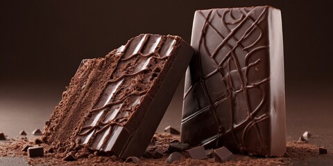 Chocolate bars with cocoa powder on a dark background, close-up.